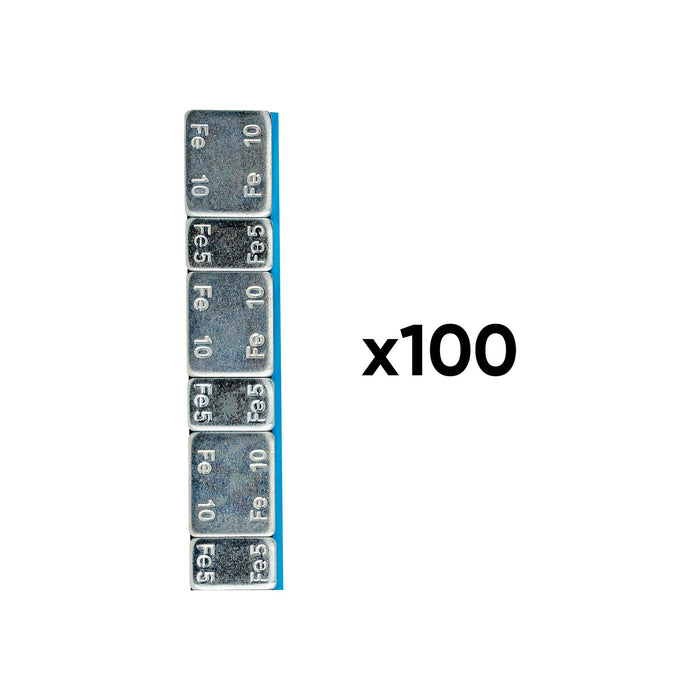 CAJA DE 100 CONTRAPESAS AUTOADHESIVAS DE HIERRO EN PASTILLA - 45GR. (3X5G + 3X10G)