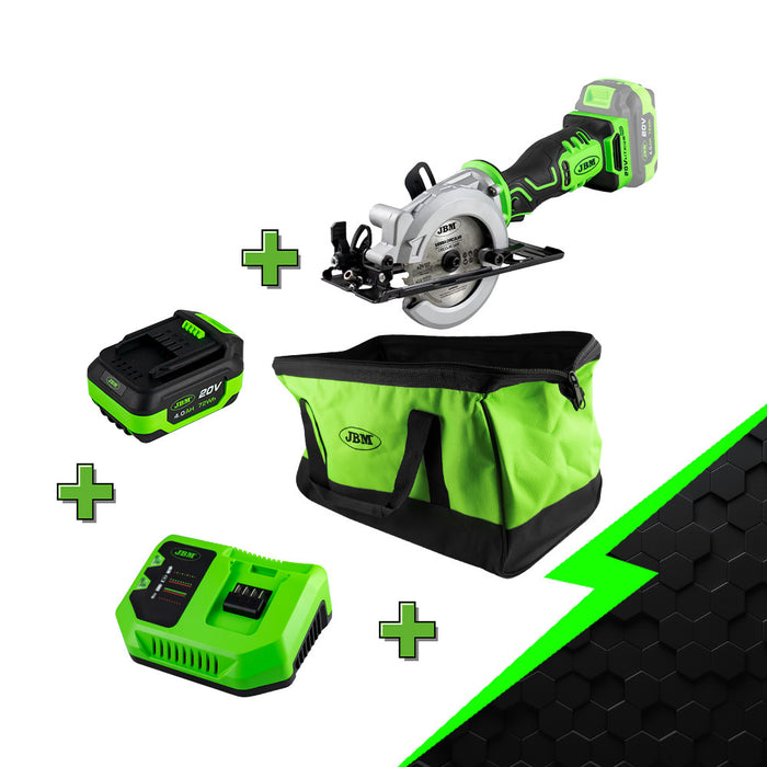 MINI SIERRA CIRCULAR A BATERÍA + BATERIA 4AH + CARGADOR 20V + BOLSA DE HERRAMIENTAS