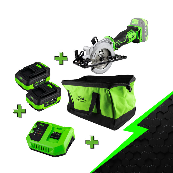 MINI SIERRA CIRCULAR A BATERÍA + 2 BATERIAS 4 AH + CARGADOR 20V + BOLSA DE HERRAMIENTAS