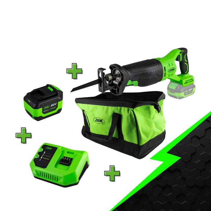 PROMO ELÉCTRICA CON SIERRA DE SABLE + BATERÍA 6.0AH + CARGADOR 20V + MOCHILA