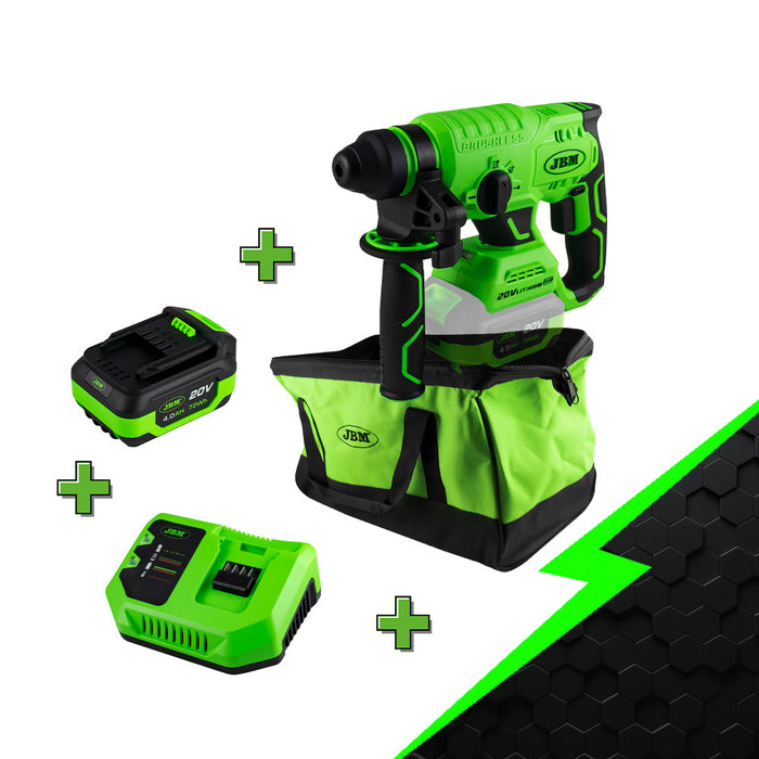 MARTILLO PERCUTOR SDS A BATERÍA + BATERIA 4AH + CARGADOR 20V + BOLSA DE HERRAMIENTAS