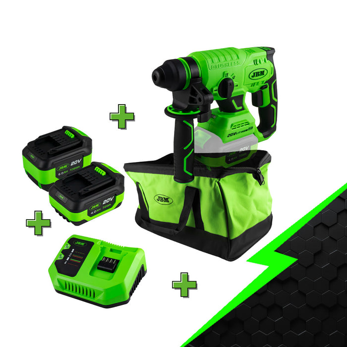 MARTILLO PERCUTOR SDS A BATERÍA + BATERIA 4AH + BATERIA 6AH + CARGADOR 20V + BOLSA DE HERRAMIENTAS