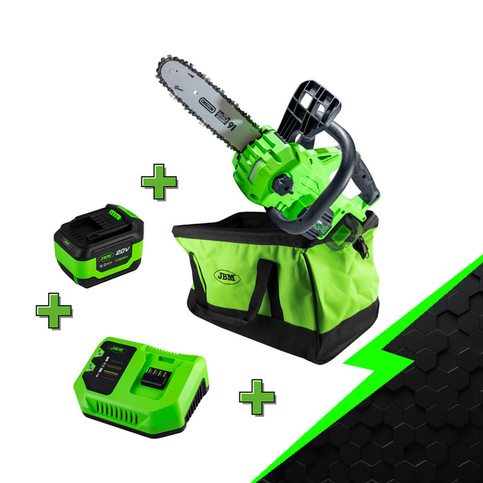 MOTOSIERRA ELÉCTRICA BRUSHLESS+ BATERIA 6 AH + CARGADOR 20V + BOLSA DE HERRAMIENTAS