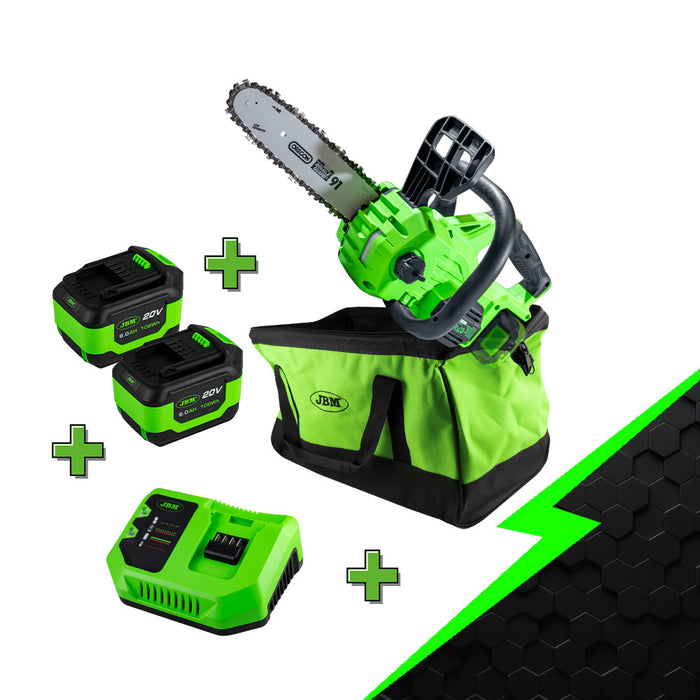 MOTOSIERRA ELÉCTRICA BRUSHLESS + 2 BATERIAS 6 AH + CARGADOR 20V + BOLSA DE HERRAMIENTAS