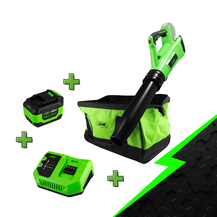 SOPLADOR A BATERÍA + BATERIA 6 AH + CARGADOR 20V + BOLSA DE HERRAMIENTAS
