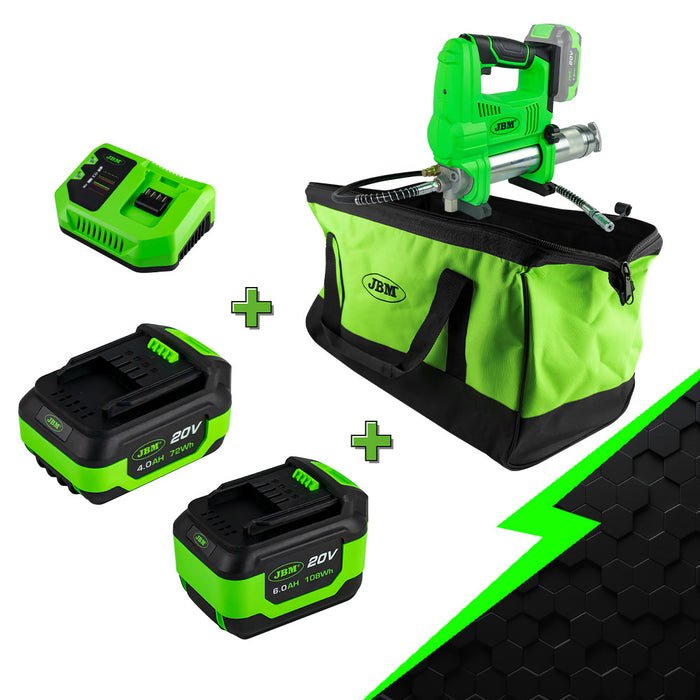 PROMO PISTOLA ENGRASADORA ELÉCTRICA + BATERIA 4AH + BATERIA 6AH + CARGADOR 20V + BOLSA DE TRANSPORTE