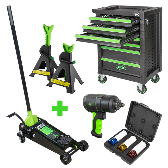 PROMO ESPECIAL KIT TALLER: CARRO DE HERRAMIENTAS + GATO + PISTOLA DE IMPACTO + SET DE VASOS + JUEGO DE CABALLETES