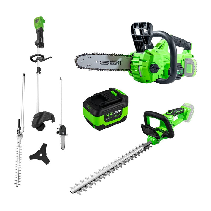 MOTOSIERRA A BATERIA + CORTASETOS + DESBROZADORA + BATERÍA