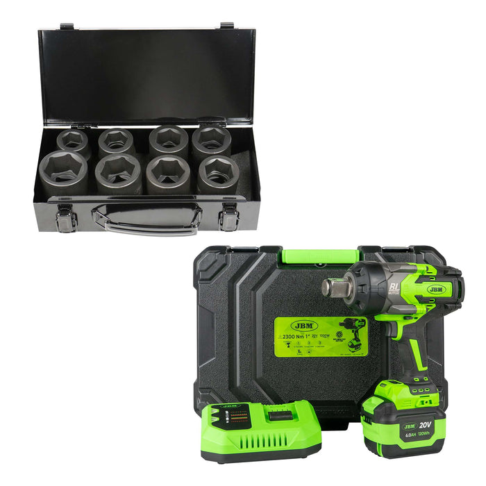 PISTOLA DE IMPACTO BRUSHLESS A BATERÍA 1" 2300NM CON MALETÍN + SET DE 8 VASOS DE IMPACTO DE 1"