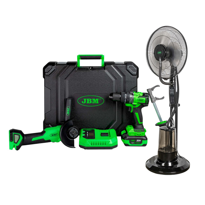 KIT DE AMOLADORA ÁNGULAR Y TALADRO PERCUTOR A BATERÍA + VENTILADOR NEBULIZADOR DE AGUA