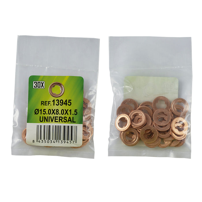 BOLSA DE 30 ARANDELAS DE COBRE PARA INYECTORES - Ø15.0x8.0x1.5 - UNIVERSAL (REF. 53464)
