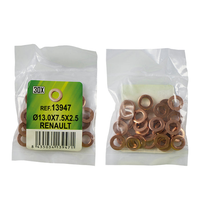 BOLSA DE 30 ARANDELAS DE COBRE PARA INYECTORES -  Ø13.0x7.5x2.5 - RENAULT (REF. 53464) -