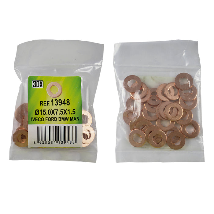 BOLSA DE 30 ARANDELAS DE COBRE PARA INYECTORES - Ø15.0x7.5x1.5 - IVECO, FORD, BMW, MAN (REF. 53464)