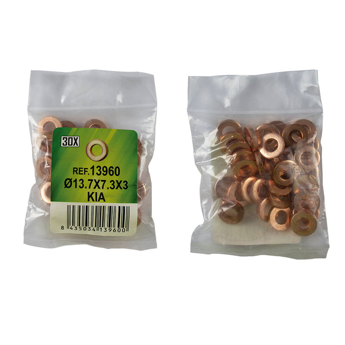 BAG OF 30 COPPER INJECTOR WASHERS - Ø13.7X7.3X3 - KIA (REF. 53464)