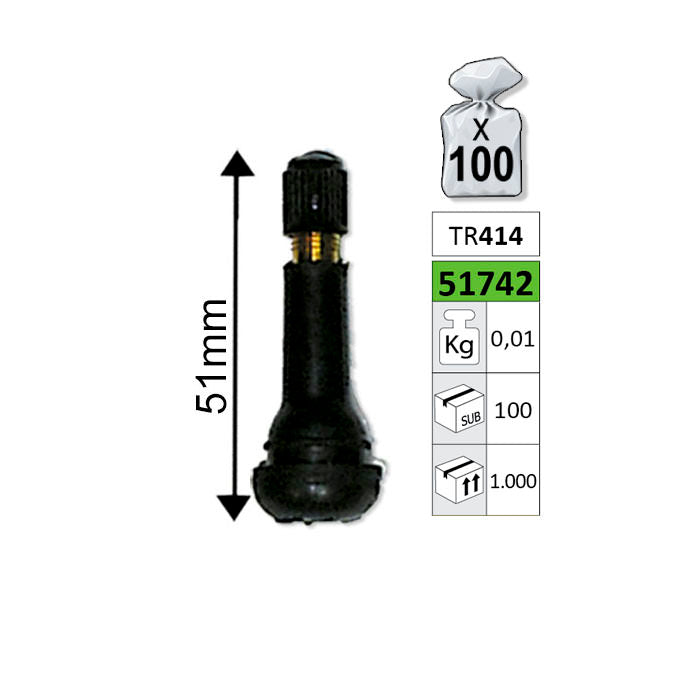 PACK 100 UNIDADES VÁLVULA PARA PNEUS TR414 51MM