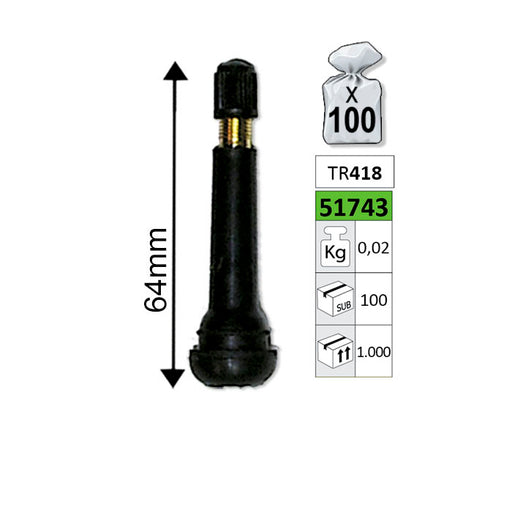 LOTE 100 UNIDADES VÁLVULA-PARA-LLANTAS-TR418-64MM