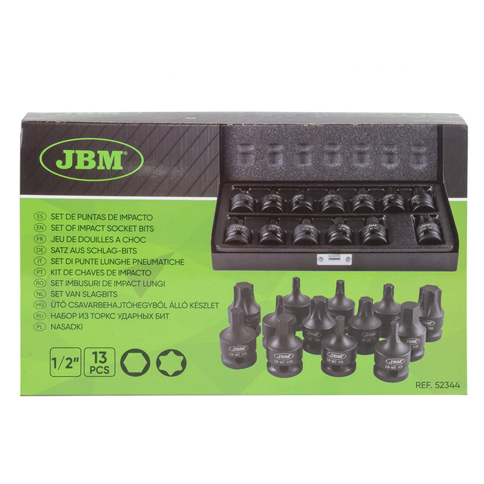 SET DE 13 PUNTAS DE IMPACTO HEXAGONALES Y TORX DE 1/2"