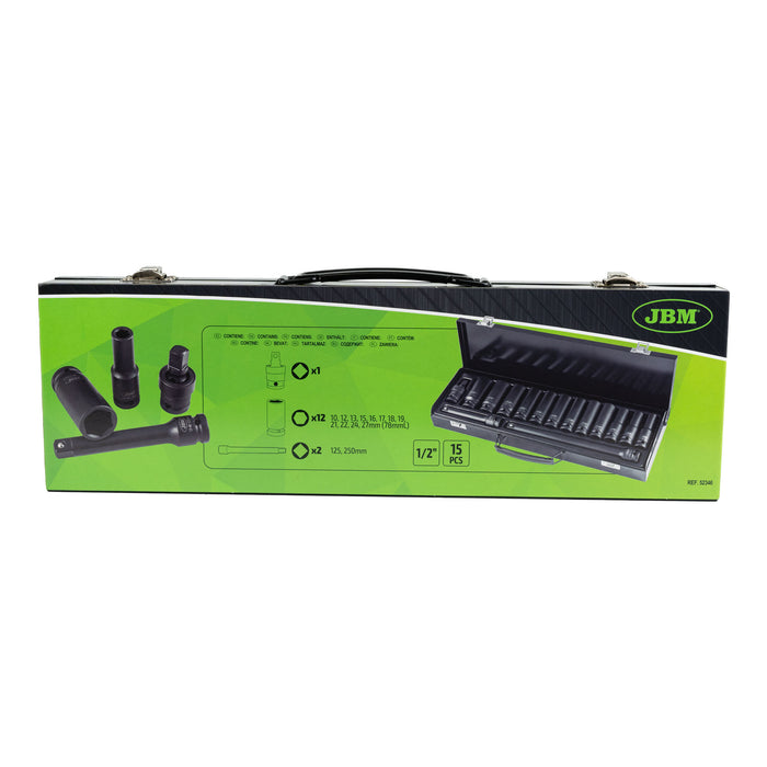 SET DE 15 PIEZAS DE IMPACTO CON 12 VASOS LARGOS DE 1/2" HEXAGONALES + ADAPTADORES