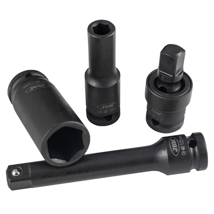 SET DE 15 PIEZAS DE IMPACTO CON 12 VASOS LARGOS DE 1/2" HEXAGONALES + ADAPTADORES