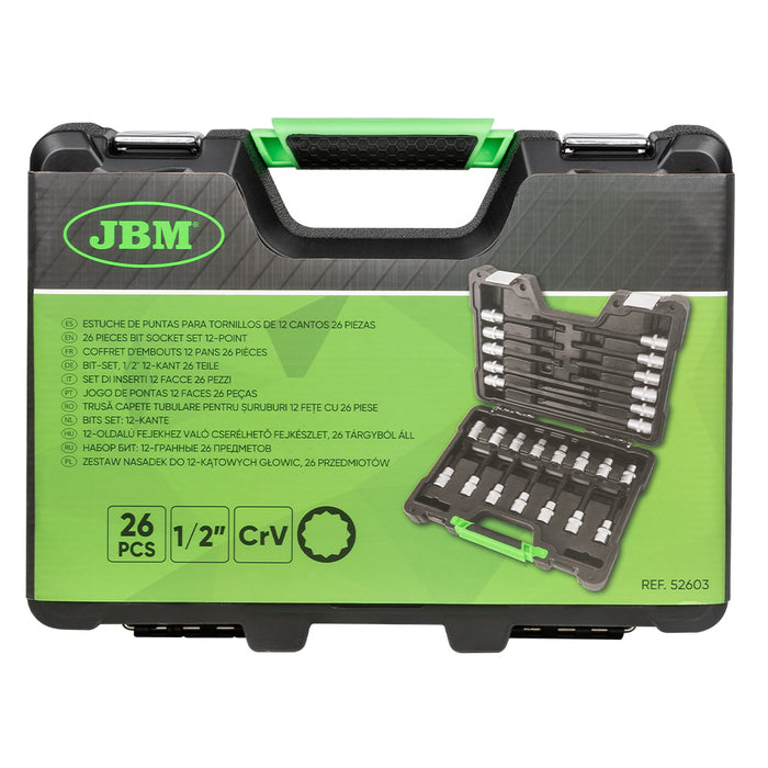 MALETÍN DE 26 PUNTAS DE 1/2" PARA TORNILLOS DE 12 CANTOS
