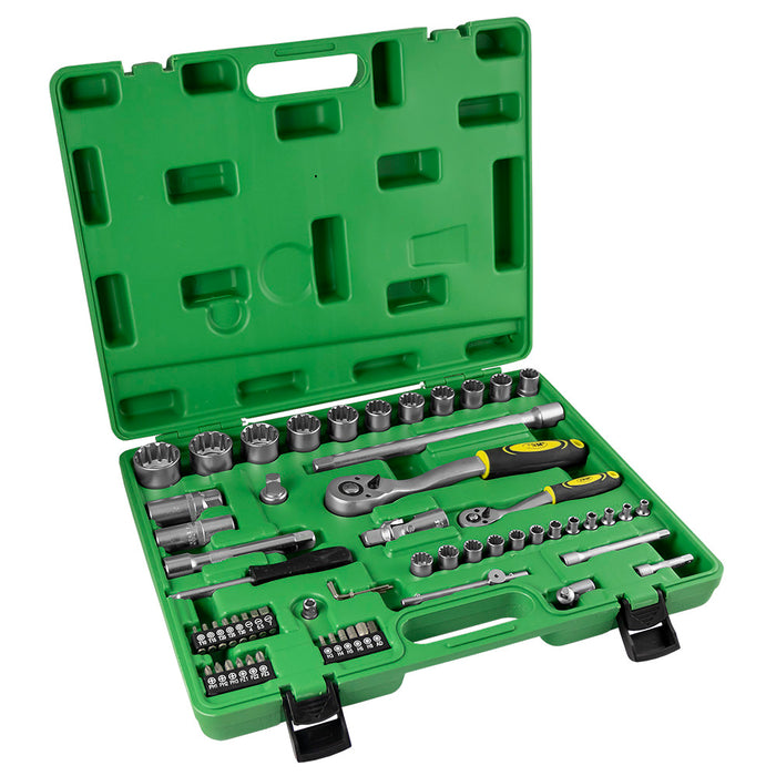 MALLETTE À OUTILS 60 PIÈCES AVEC DOUILLES MULTIDENTES ZINGUÉES 1/2" ET 1/4"