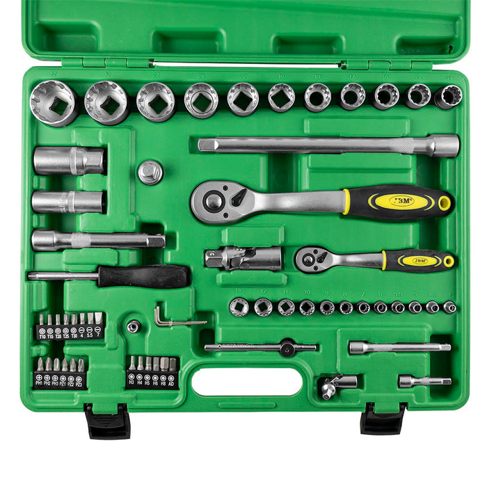 MALLETTE À OUTILS 60 PIÈCES AVEC DOUILLES MULTIDENTES ZINGUÉES 1/2" ET 1/4"