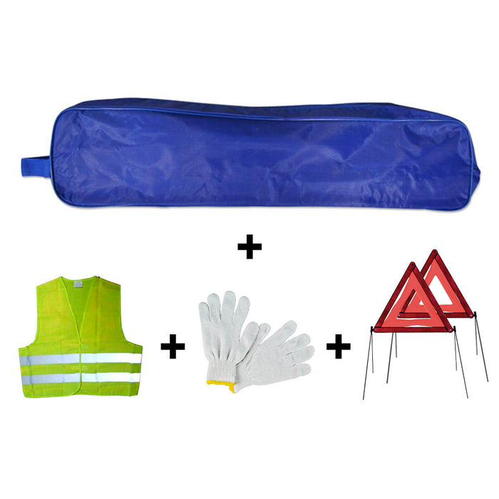 KIT DE EMERGÊNCIA SACO AZUL COM DEBRUM+2 TRIÂNGULOS+COLETE+LUVAS