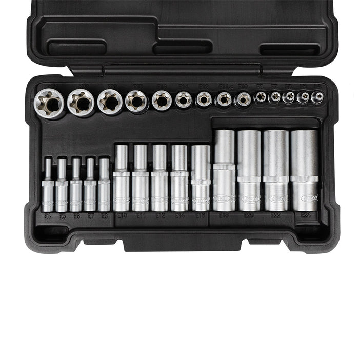 SET DE 28 VASOS TORX CORTOS Y LARGOS 1/2", 1/4" Y 3/8" CINCADO