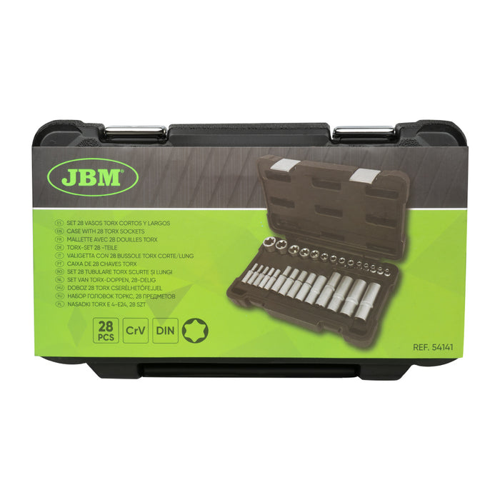 SET DE 28 VASOS TORX CORTOS Y LARGOS 1/2", 1/4" Y 3/8" CINCADO