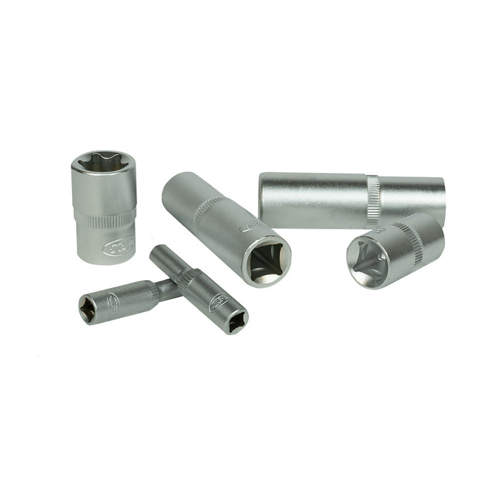 SET DE 28 VASOS TORX CORTOS Y LARGOS 1/2", 1/4" Y 3/8" CINCADO