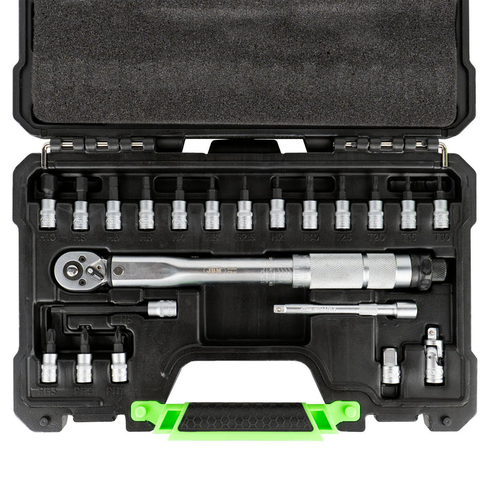 ESTUCHE DE HERRAMIENTAS DE 21 PIEZAS CON LLAVE DINAMOMÉTRICA DE 1/4"