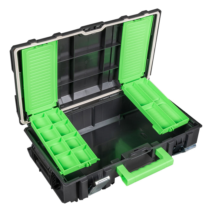 CAJA PARA HERRAMIENTAS APILABLE CON 2 ORGANIZADORES LATERALES DE PIEZAS (11 COMPARTIMENTOS)