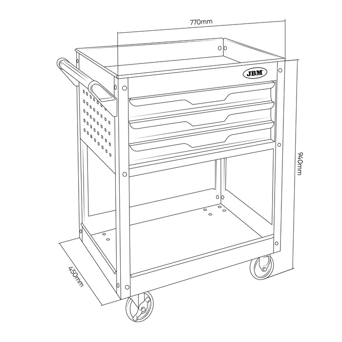 CHARIOT AVEC 3 TIROIRS, 1 PLATEAU ET DES GRILLES LATÉRALES