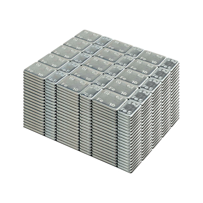CAJA DE 100 CONTRAPESAS AUTOADHESIVAS DE HIERRO EN PASTILLA - 45GR. (3X5G + 3X10G)