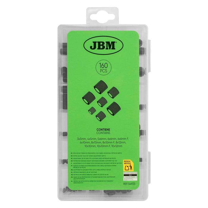 ESTUCHE DE TORNILLOS PRISIONEROS CON CABEZA HEXAGONAL MÉTRICOS 160PCS