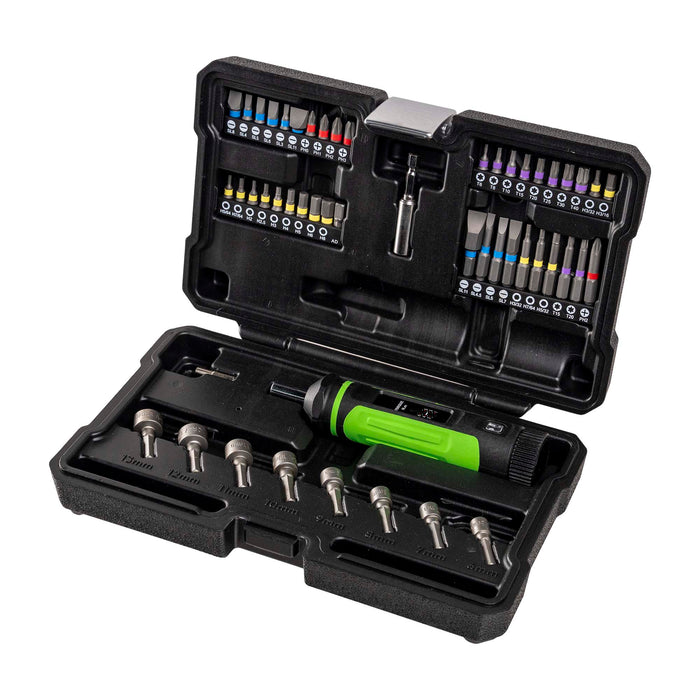 ESTUCHE DE 50 PUNTAS Y ADAPTADORES DE 1/4" CON DESTORNILLADOR DINAMOMÉTRICO 1–6 NM
