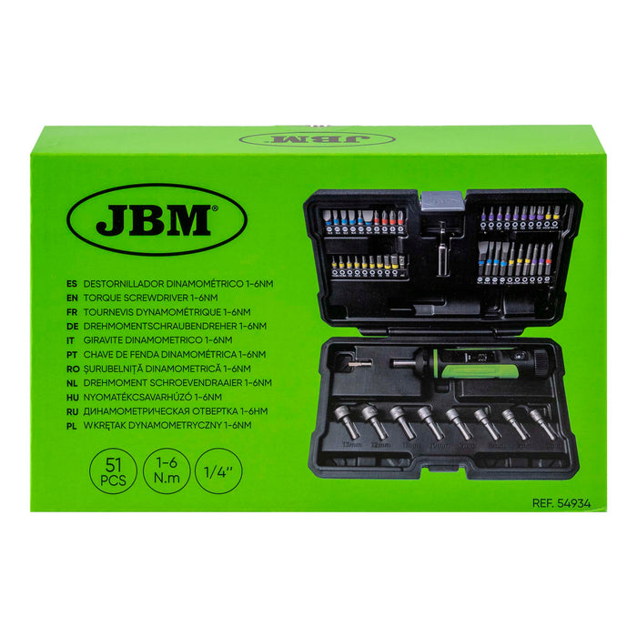 ESTUCHE DE 50 PUNTAS Y ADAPTADORES DE 1/4" CON DESTORNILLADOR DINAMOMÉTRICO 1–6 NM