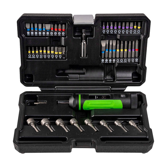 ESTUCHE DE 50 PUNTAS Y ADAPTADORES DE 1/4" CON DESTORNILLADOR DINAMOMÉTRICO 1–6 NM