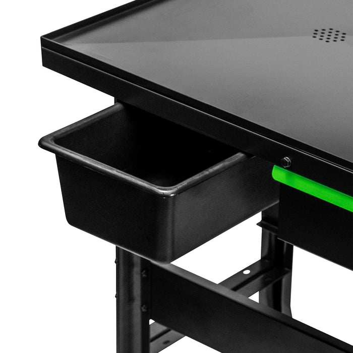 MESA DE TRABALHO MÓVEL COM SISTEMA DE DRENAGEM, DEPÓSITO E GAVETA PORTA-FERRAMENTAS