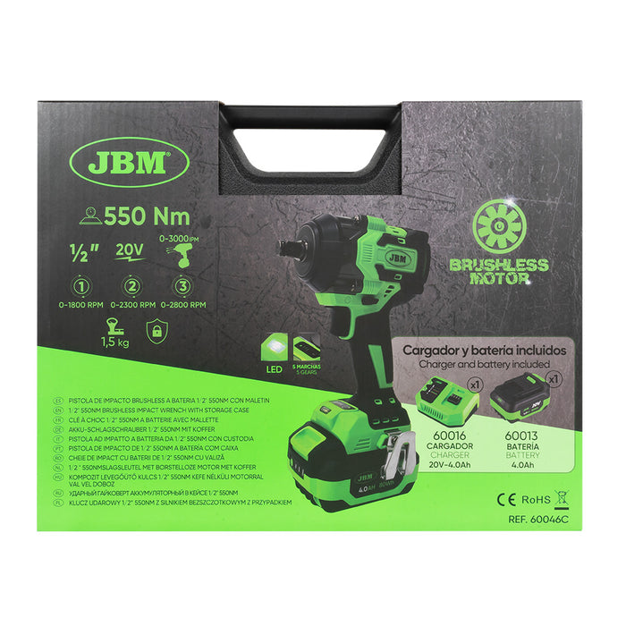 PISTOLA DE IMPACTO BRUSHLESS A BATERIA 1/2" 800NM CON MALETIN + BATERIA 4AH + BATERIA 6AH + CARGADOR 20V