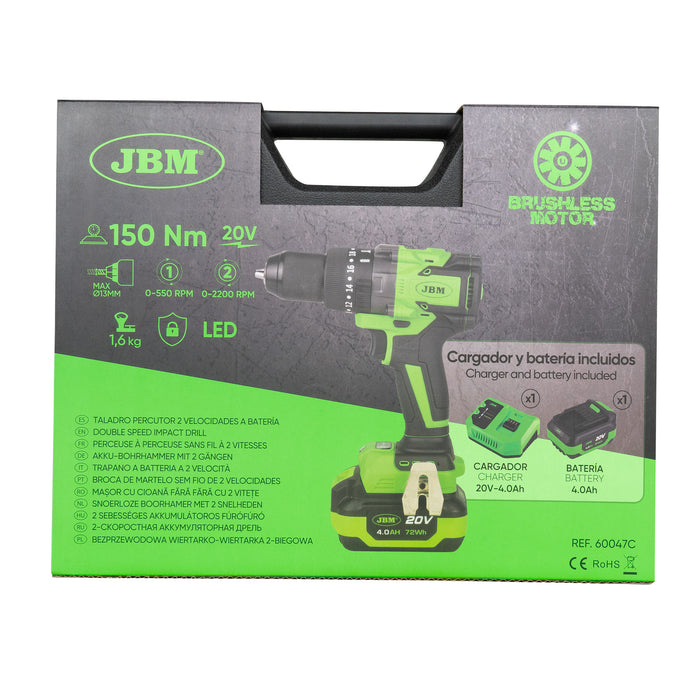 TALADRO PERCUTOR 2 VELOCIDADES A BATERÍA CON MALETIN + BATERIA 4AH + BATERIA 6AH + CARGADOR 20V