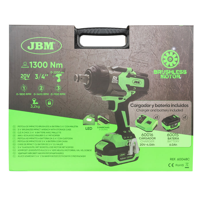 PISTOLA DE IMPACTO BRUSHLESS A BATERÍA 3/4" 1300NM CON MALETÍN