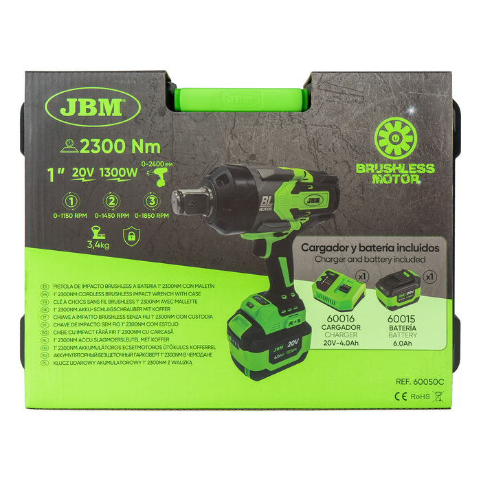 PISTOLA DE IMPACTO BRUSHLESS A BATERÍA 1"" 2300NM CON MALETÍN + PALETILLA