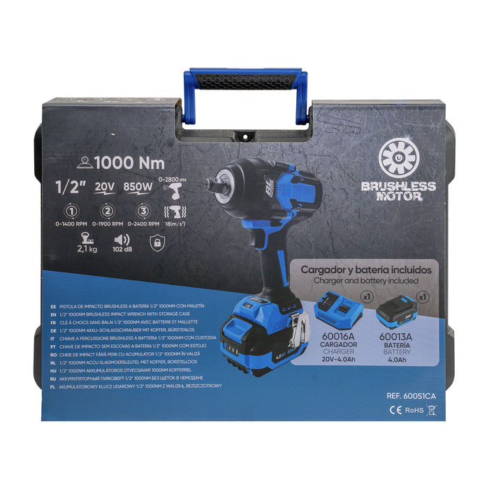 PISTOLA DE IMPACTO BRUSHLESS A BATERÍA 1/2" 1000NM CON MALETÍN - AZUL