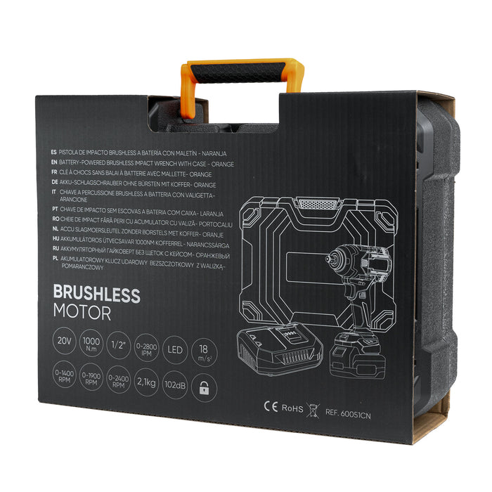 PISTOLA DE IMPACTO BRUSHLESS A BATERÍA 1/2" 1000NM CON MALETÍN - NARANJA