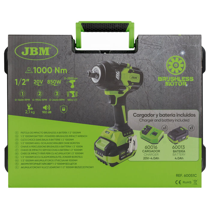 PISTOLA DE IMPACTO BRUSHLESS A BATERÍA 1/2" 1000NM CON MALETÍN + BATERIA 4AH + BATERIA 6AH + CARGADOR 20V