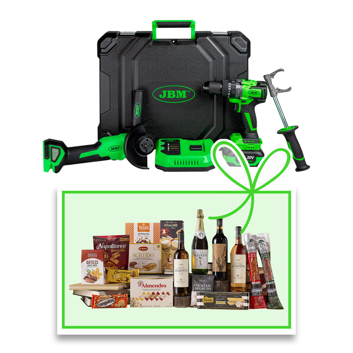 KIT DE AMOLADORA ÁNGULAR Y TALADRO PERCUTOR A BATERÍA CON MALETÍN + CESTA