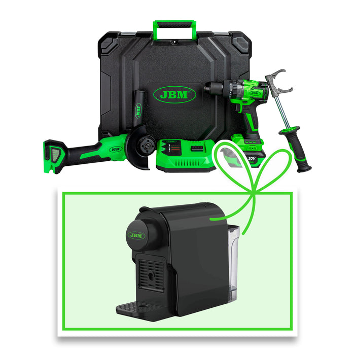 KIT DE AMOLADORA ÁNGULAR Y TALADRO PERCUTOR A BATERÍA CON MALETÍN + CAFETERA