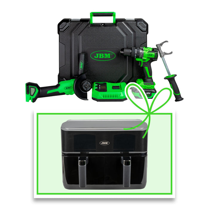 KIT DE AMOLADORA ÁNGULAR Y TALADRO PERCUTOR A BATERÍA CON MALETÍN + FREIDORA