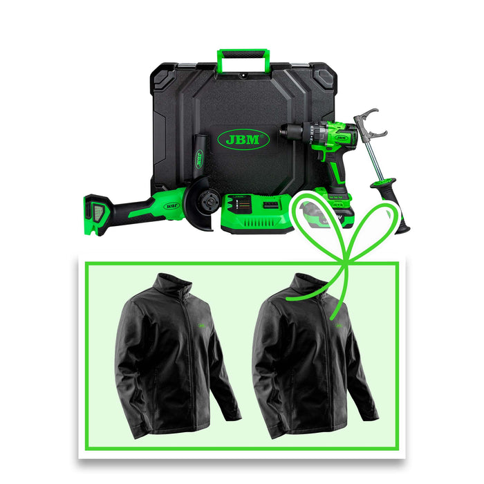 KIT DE AMOLADORA ANGULAR Y TALADRO PERCUTOR A BATERÍA CON MALETÍN + CHAQUETA XL